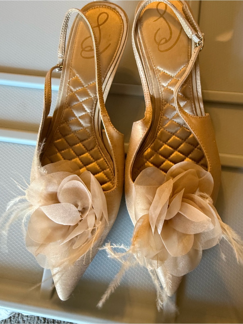 Jessica Simpson Gold Floral-Embellished Slingback Heels